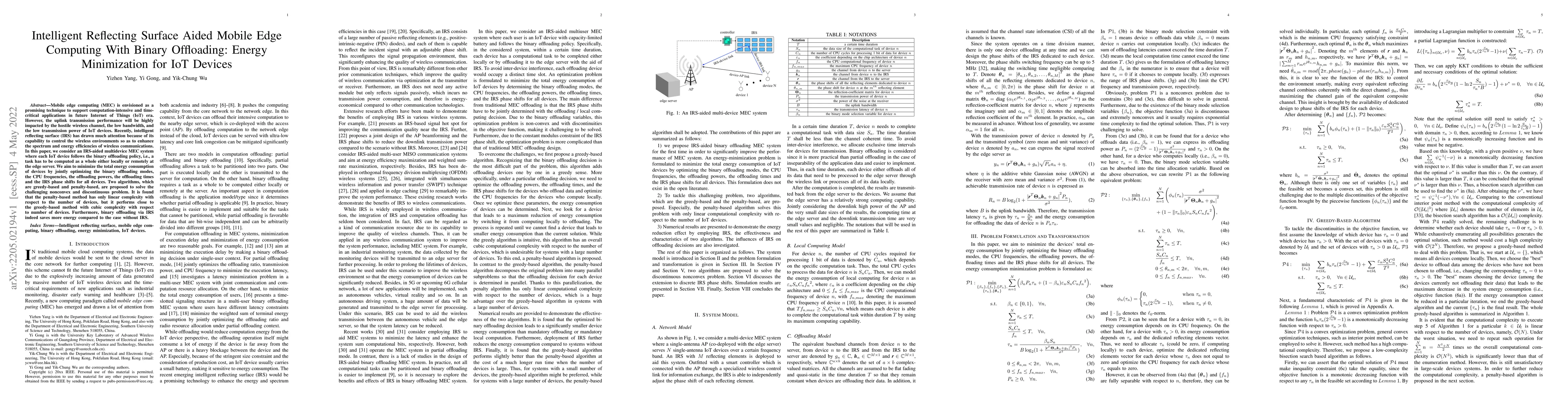 Thumbnail for Intelligent Reflecting Surface Aided Mobile Edge Computing With Binary
  Offloading: Energy Minimization for IoT Devices