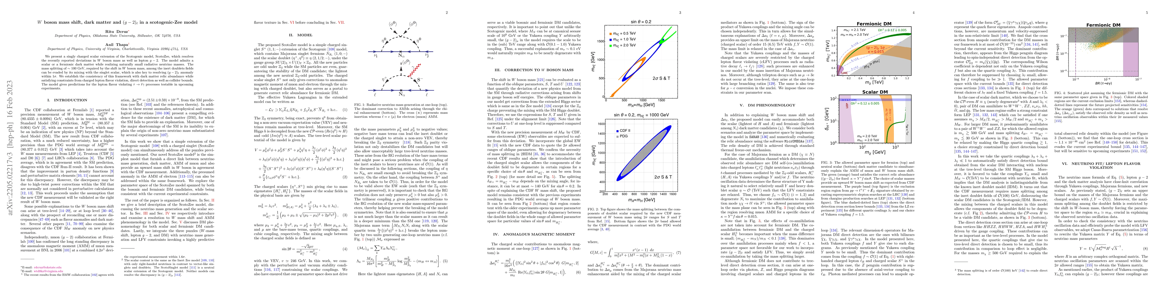 Thumbnail for $W$ boson mass shift, dark matter and $(g-2)_\ell$ in a scotogenic-Zee
  model