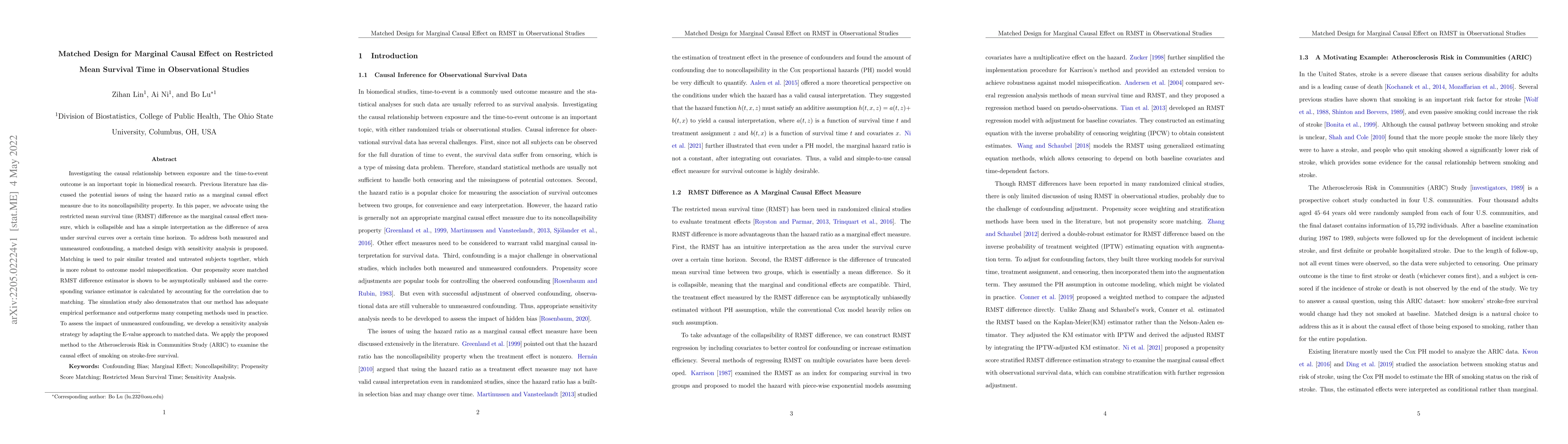 Thumbnail for Matched Design for Marginal Causal Effect on Restricted Mean Survival
  Time in Observational Studies