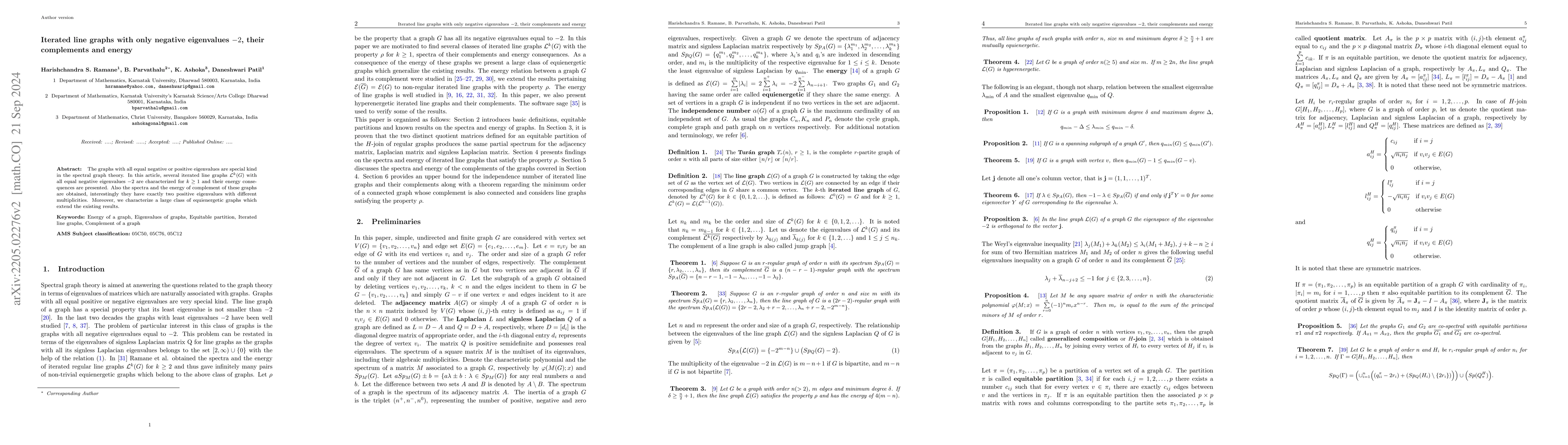 Thumbnail for Iterated line graphs with only negative eigenvalues $-2$, their
  complements and energy