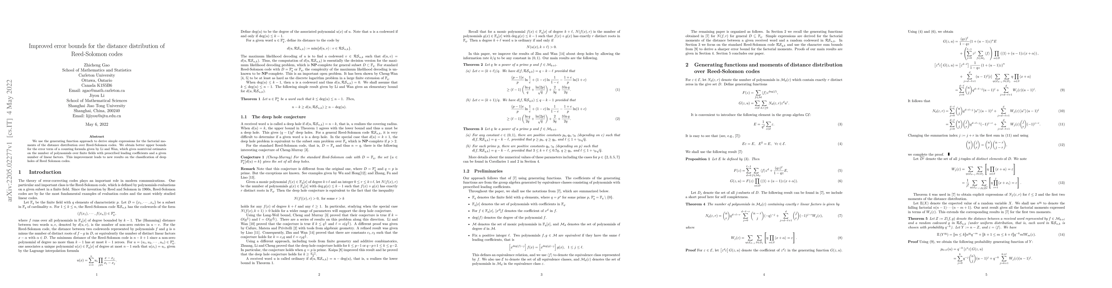 Thumbnail for Improved error bounds for the distance distribution of Reed-Solomon
  codes