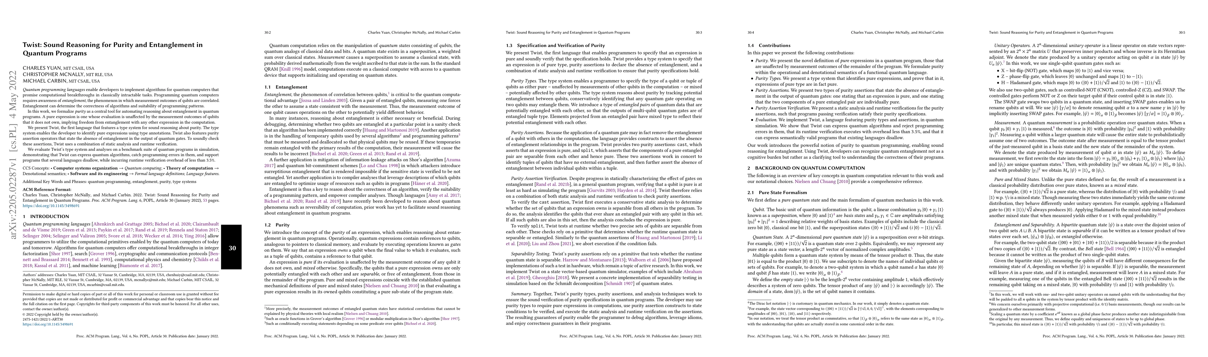 Thumbnail for Twist: Sound Reasoning for Purity and Entanglement in Quantum Programs