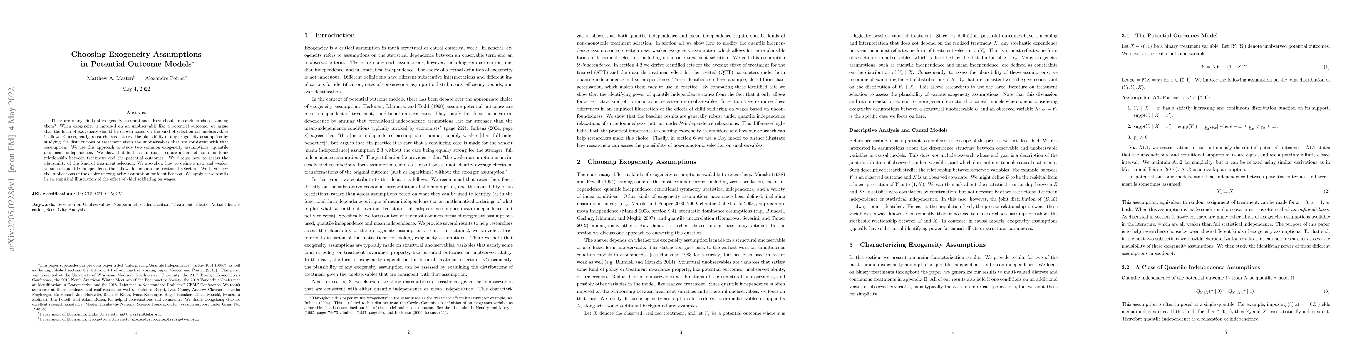 Thumbnail for Choosing Exogeneity Assumptions in Potential Outcome Models