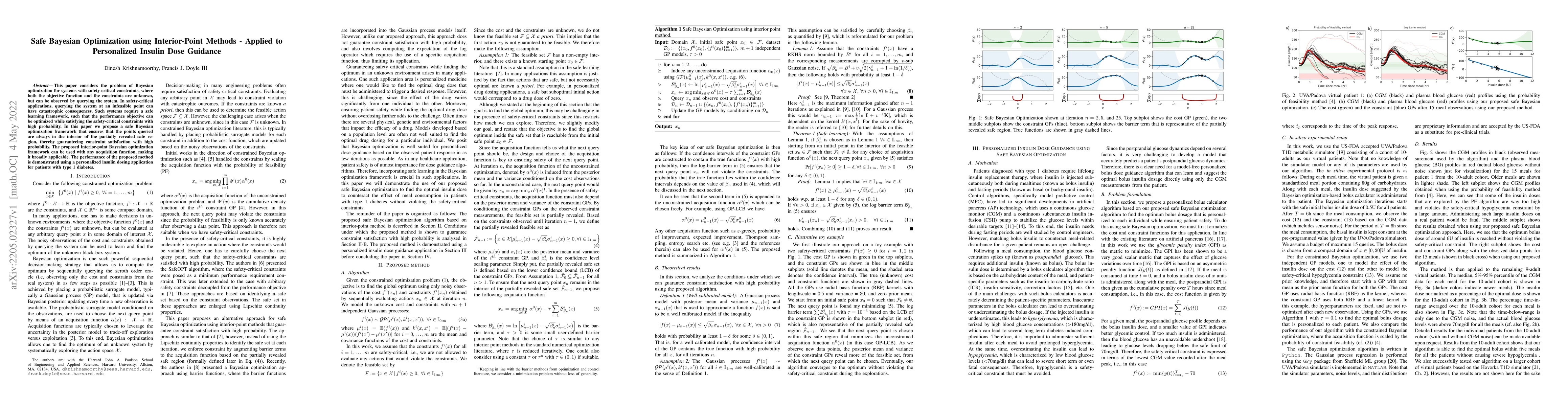 Thumbnail for Safe Bayesian Optimization using Interior-Point Methods -- Applied to
  Personalized Insulin Dose Guidance