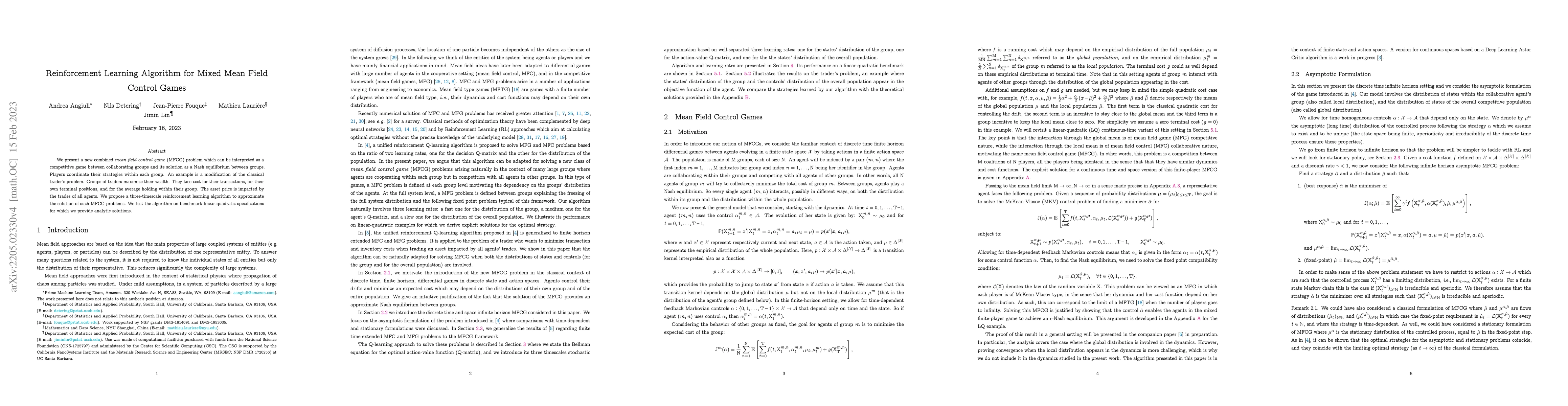 Thumbnail for Reinforcement Learning Algorithm for Mixed Mean Field Control Games