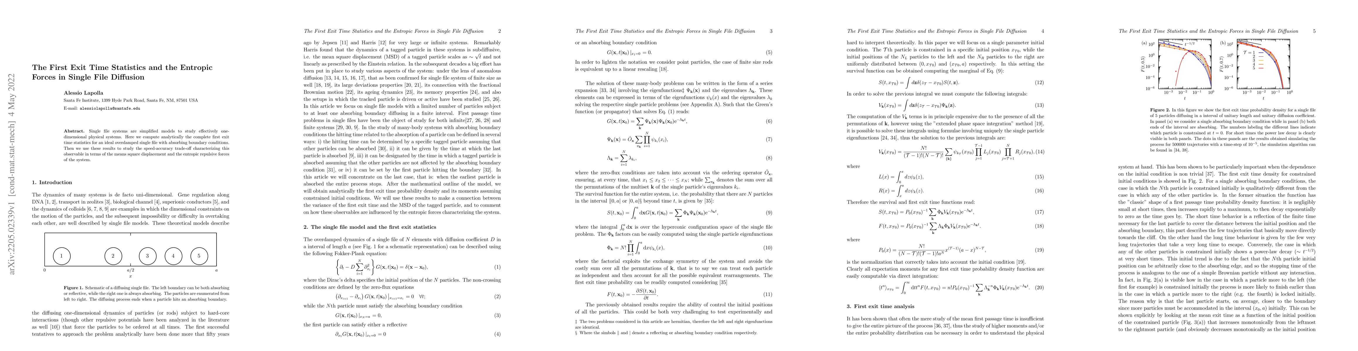Thumbnail for The First Exit Time Statistics and the Entropic Forces in Single File
  Diffusion