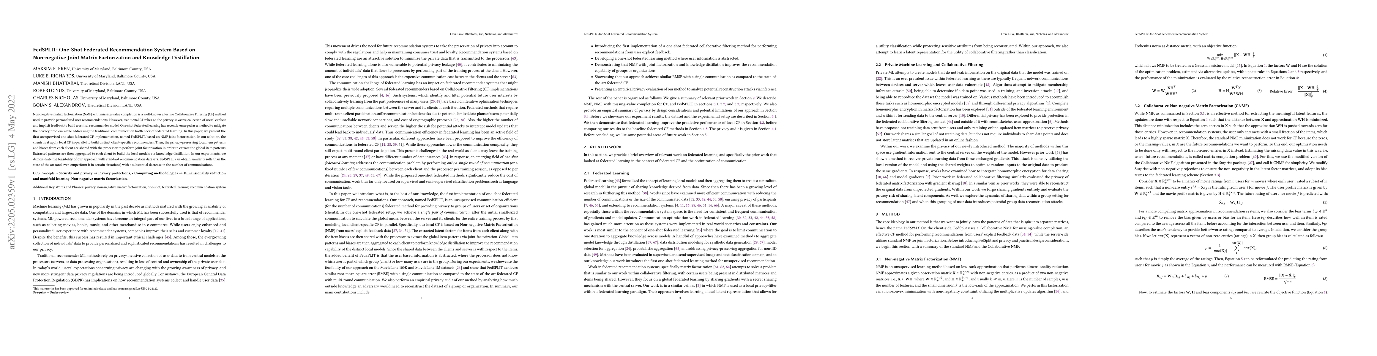 Thumbnail for FedSPLIT: One-Shot Federated Recommendation System Based on Non-negative
  Joint Matrix Factorization and Knowledge Distillation