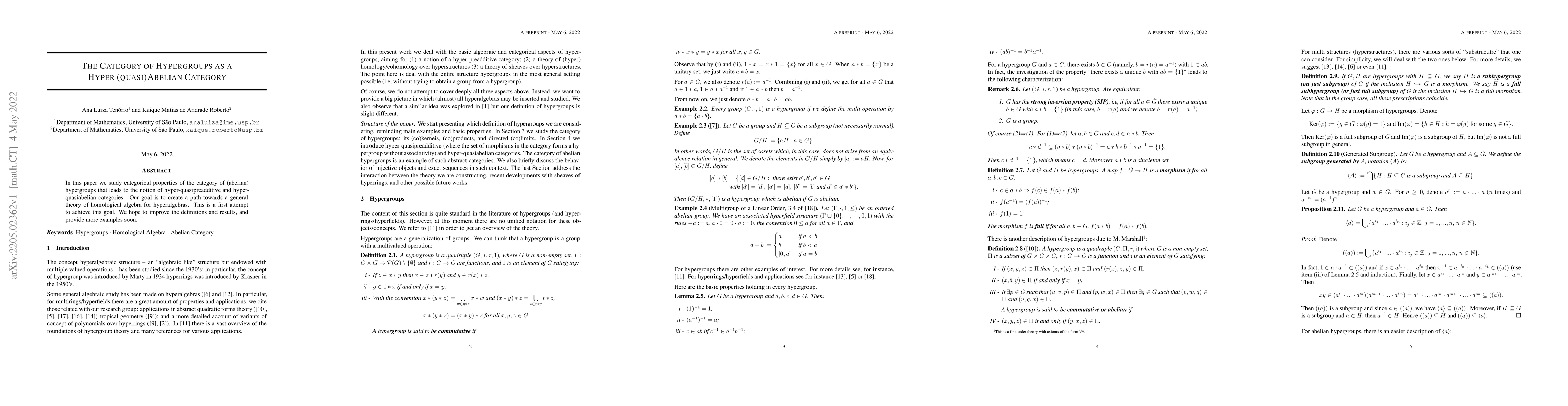 Thumbnail for The Category of Hypergroups as a Hyper (quasi)Abelian Category