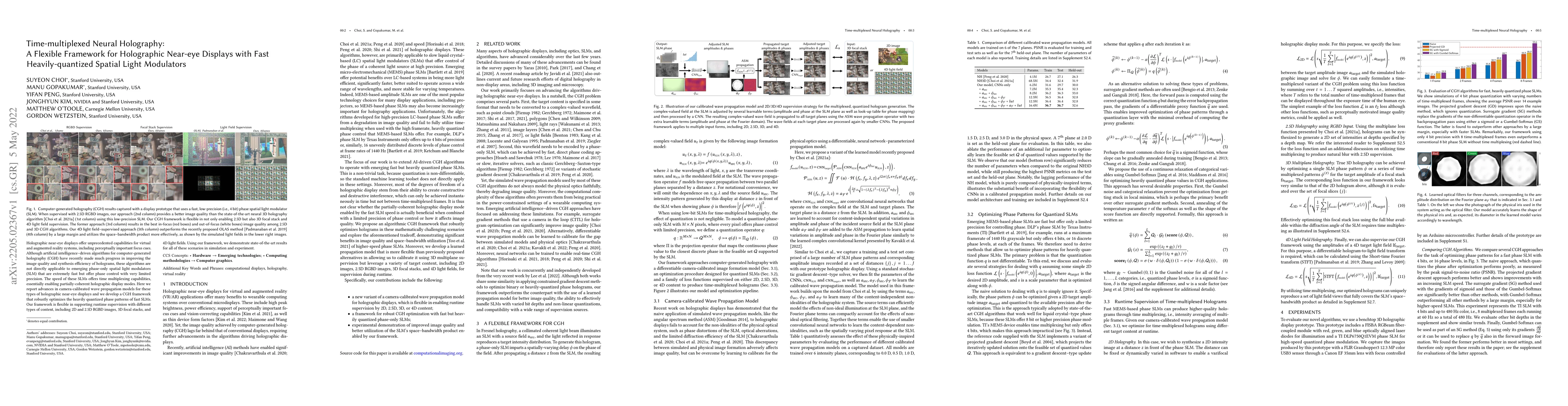 Thumbnail for Time-multiplexed Neural Holography: A flexible framework for holographic
  near-eye displays with fast heavily-quantized spatial light modulators
