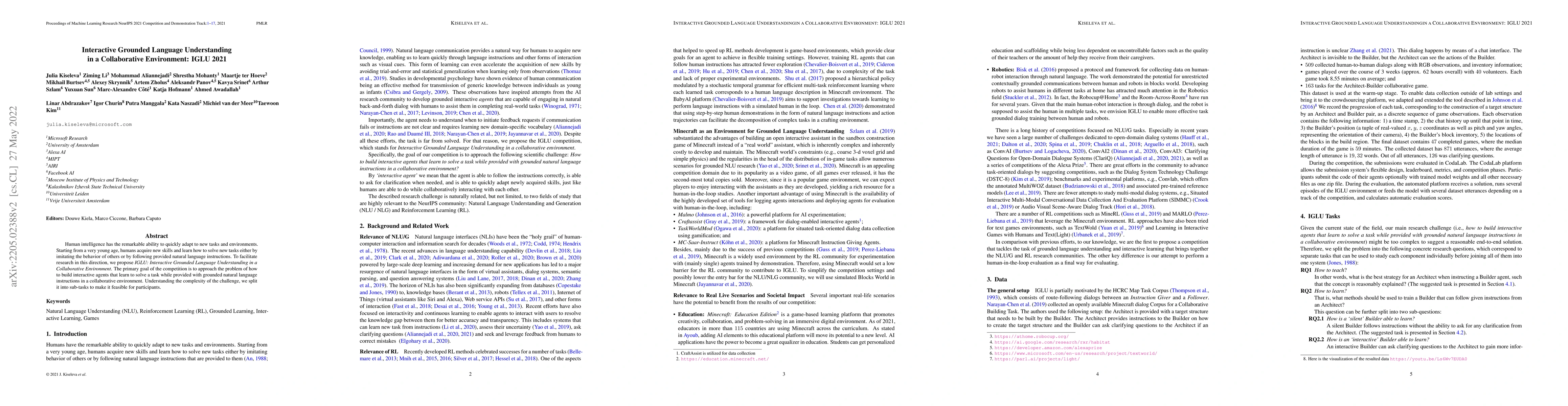 Thumbnail for Interactive Grounded Language Understanding in a Collaborative
  Environment: IGLU 2021