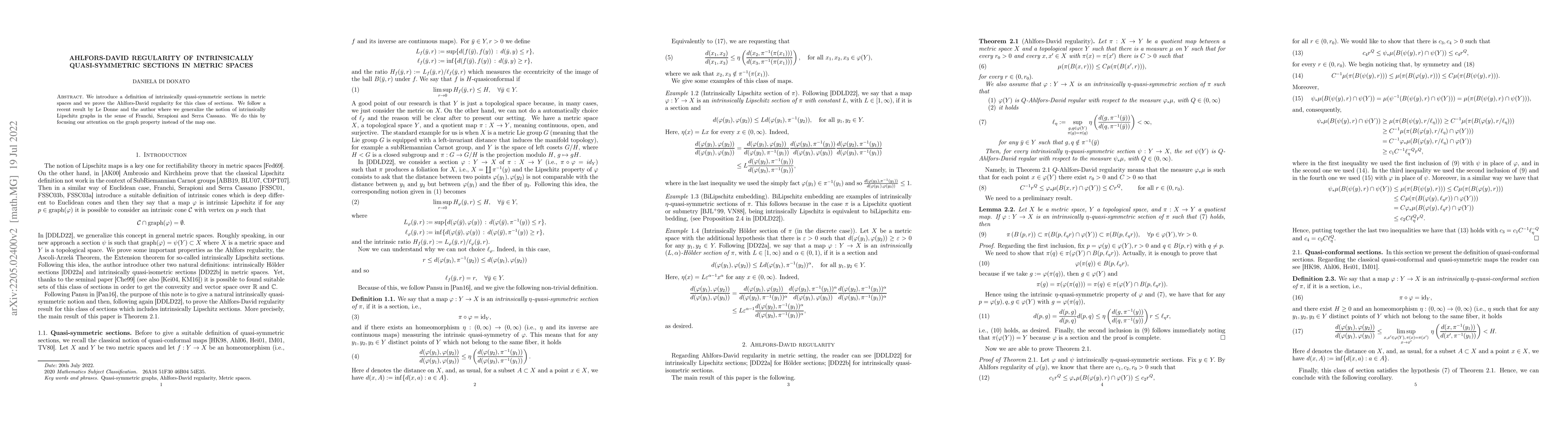 Thumbnail for Ahlfors-David regularity of intrinsically quasi-symmetric sections in
  metric spaces