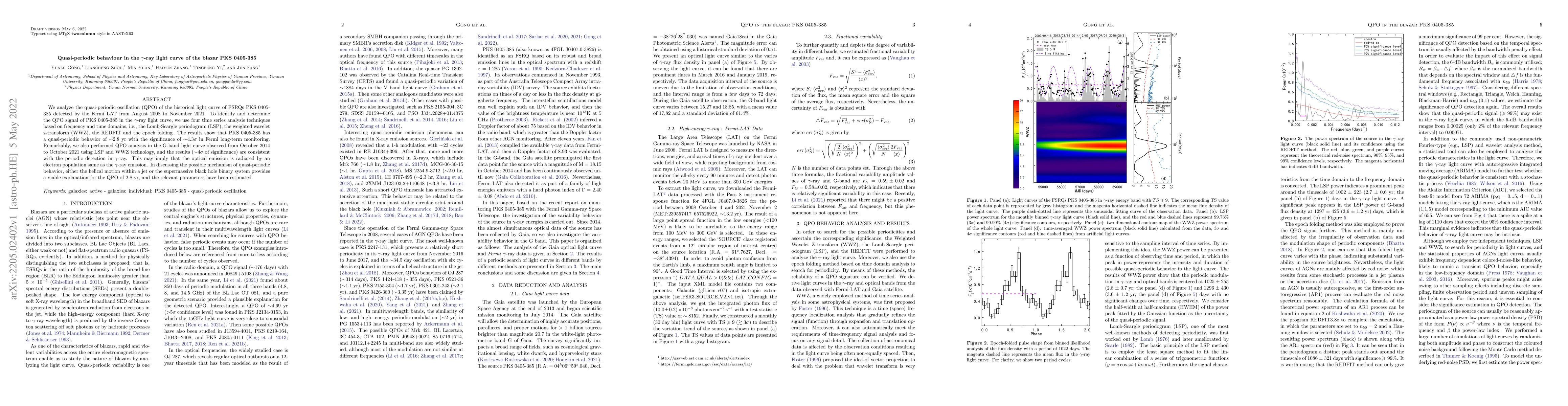 Thumbnail for Quasi-periodic behaviour in the $\gamma$-ray light curve of the blazar
  PKS 0405-385
