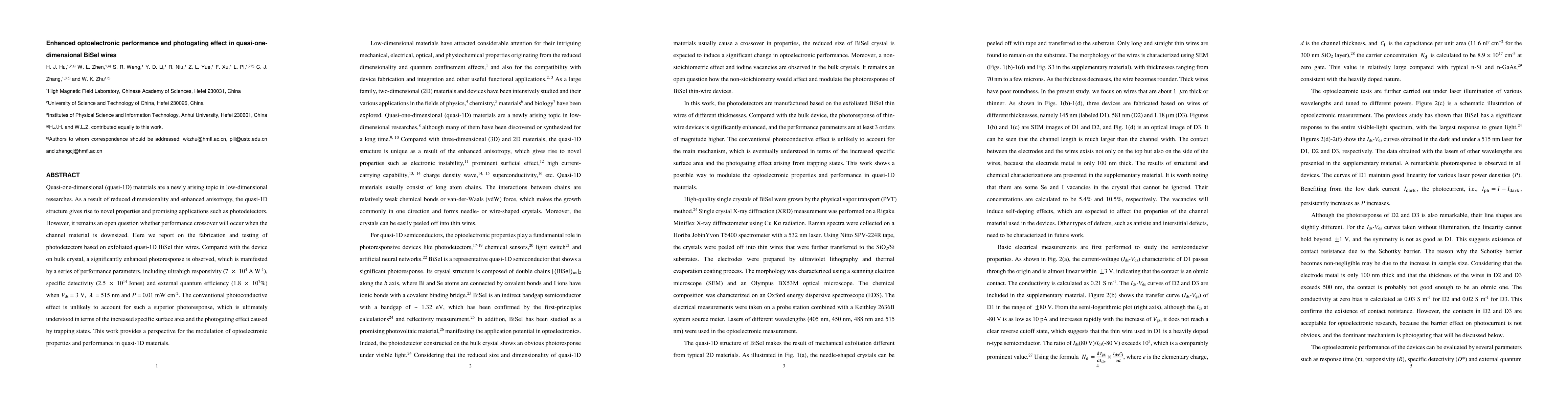 Thumbnail for Enhanced optoelectronic performance and photogating effect in
  quasi-one-dimensional BiSeI wires