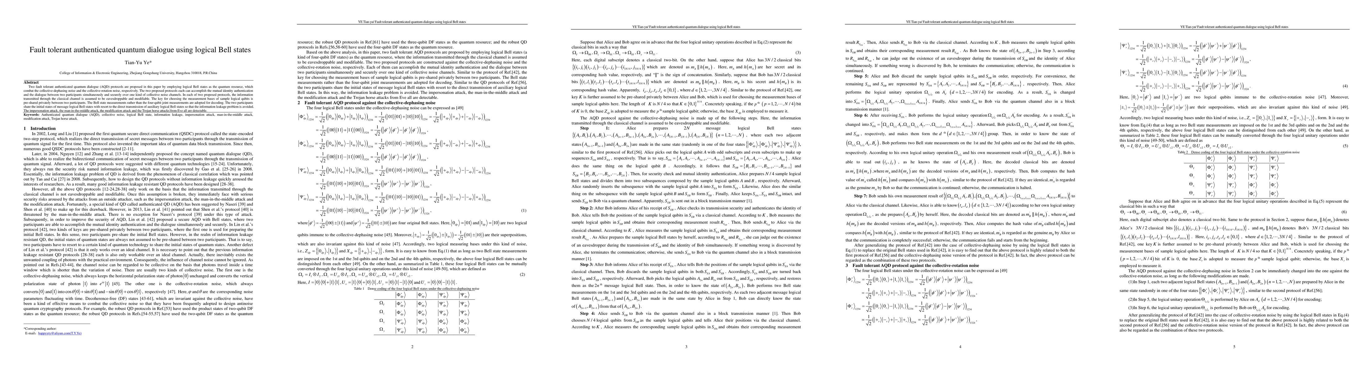 Thumbnail for Fault tolerant authenticated quantum dialogue using logical Bell states