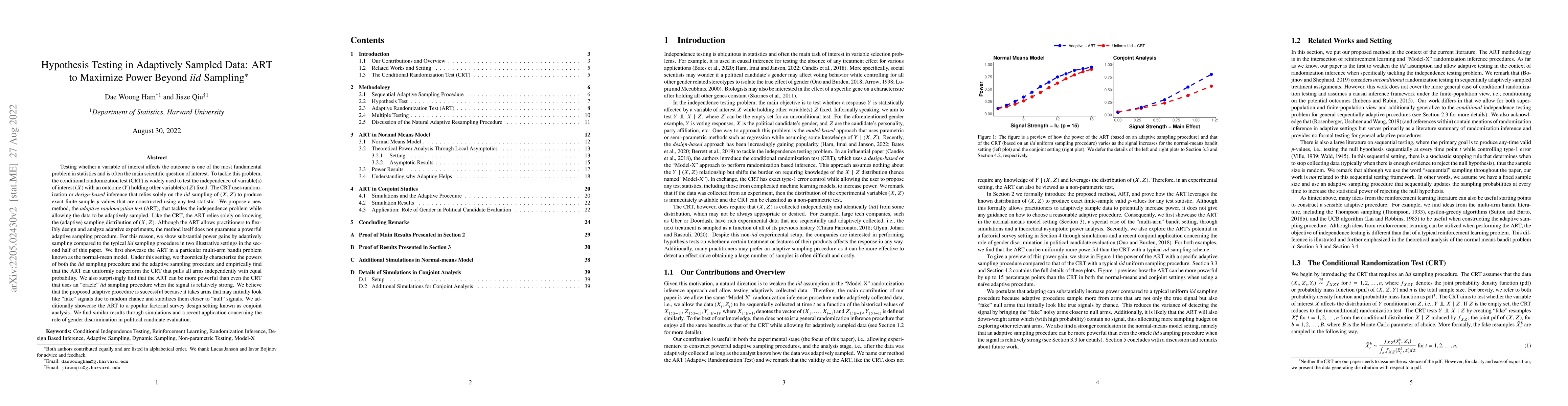 Thumbnail for Hypothesis Testing in Sequentially Sampled Data: AdapRT to Maximize
  Power Beyond iid Sampling