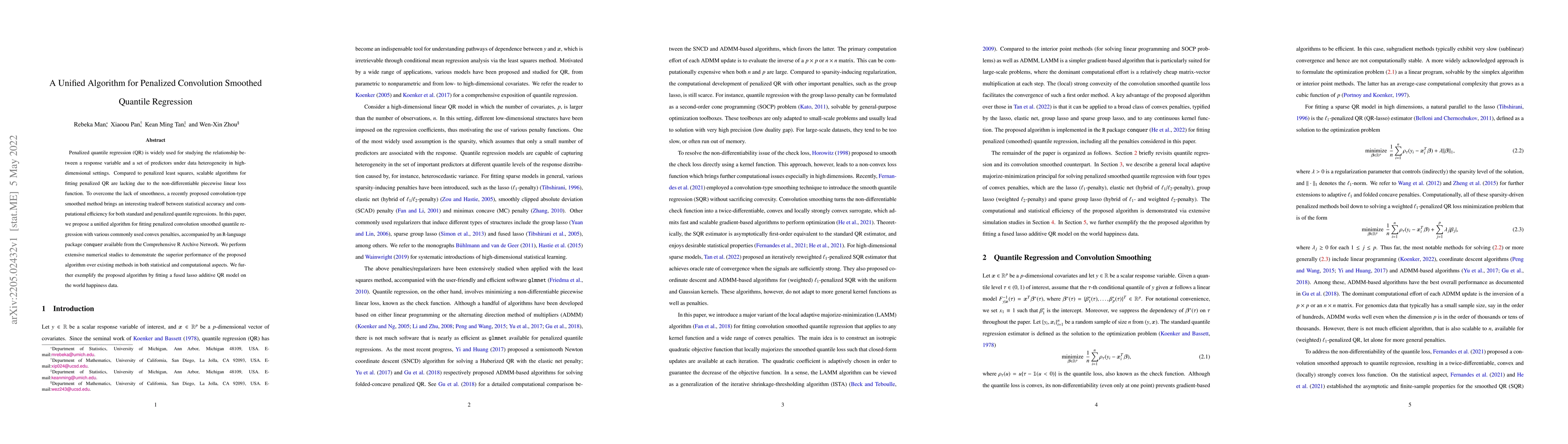 Thumbnail for A Unified Algorithm for Penalized Convolution Smoothed Quantile
  Regression