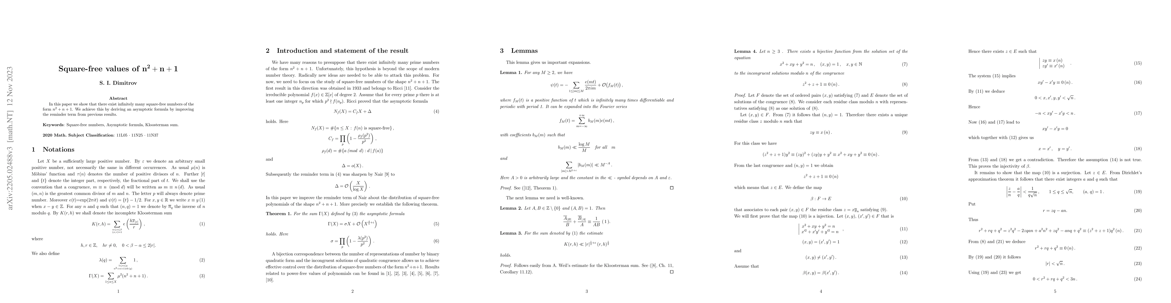 Thumbnail for Square-free values of $\mathbf{n^2+n+1}$