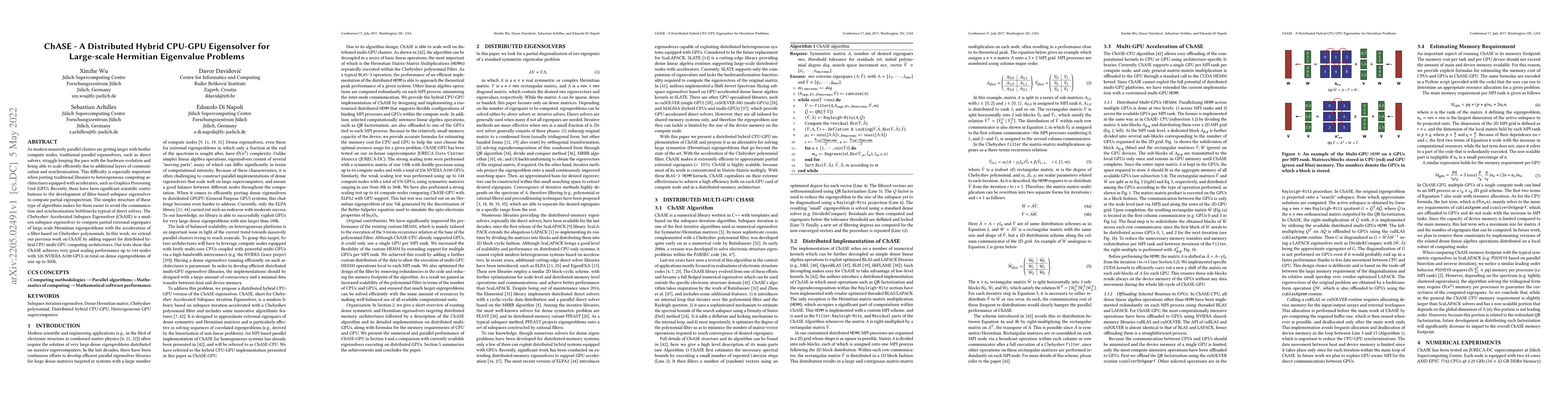 Thumbnail for ChASE -- A Distributed Hybrid CPU-GPU Eigensolver for Large-scale
  Hermitian Eigenvalue Problems
