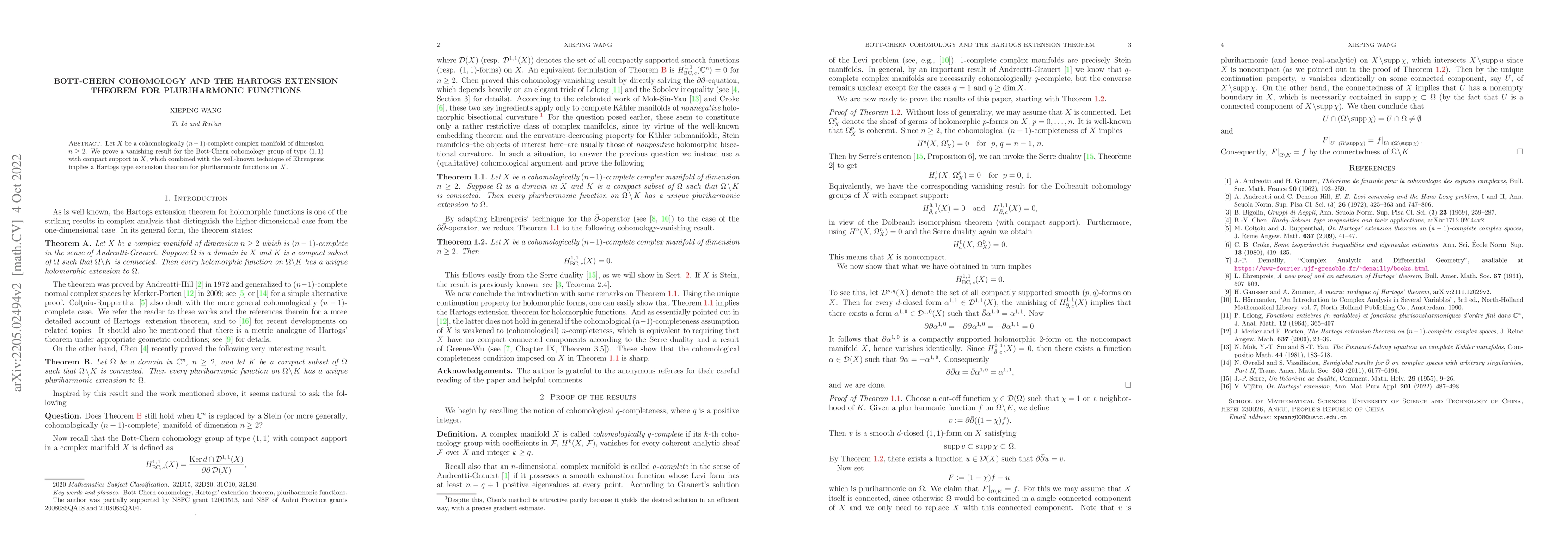 Thumbnail for Bott-Chern cohomology and the Hartogs extension theorem for
  pluriharmonic functions