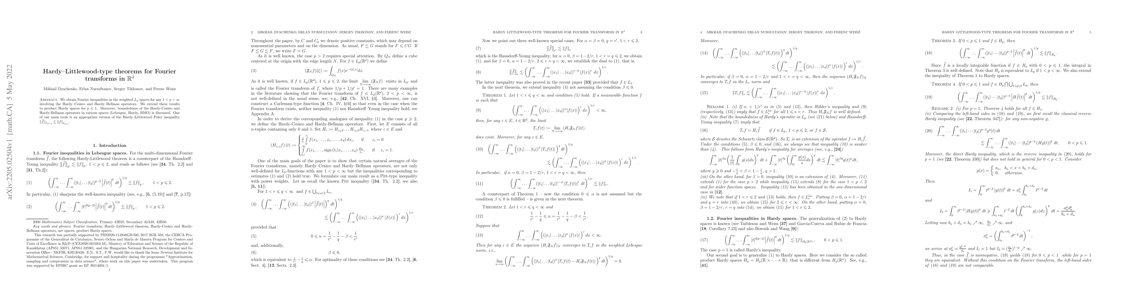 Thumbnail for Hardy-Littlewood-type theorems for Fourier transforms in $\R^d$