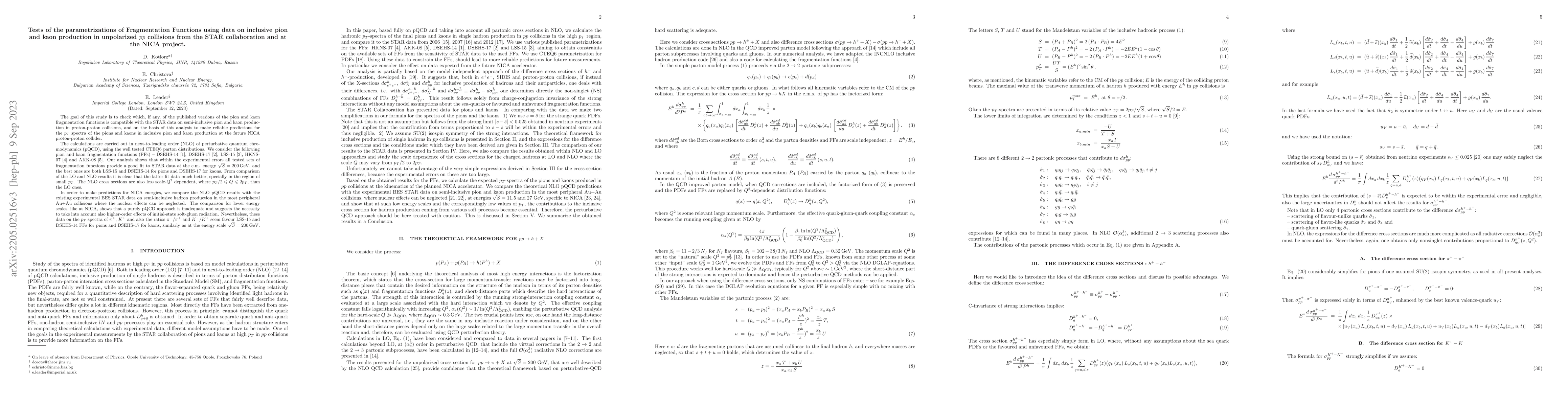 Thumbnail for Tests of the parametrizations of Fragmentation Functions using data on
  inclusive pion and kaon production in unpolarized $pp$ collisions from the
  STAR collaboration and at the NICA project