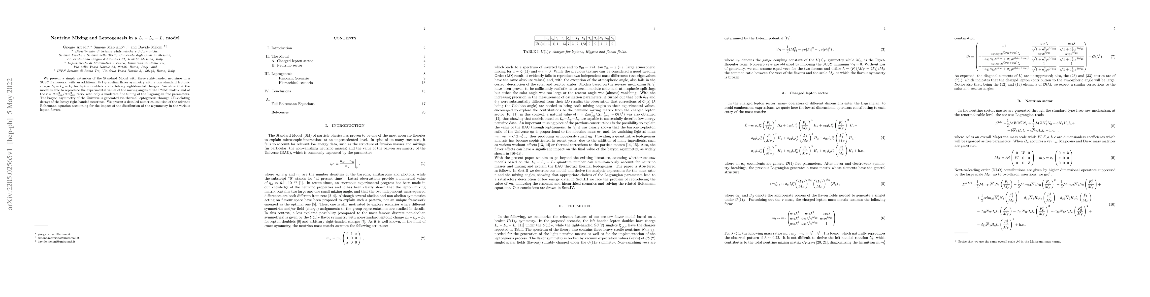 Thumbnail for Neutrino Mixing and Leptogenesis in a $L_e-L_\mu-L_\tau$ model