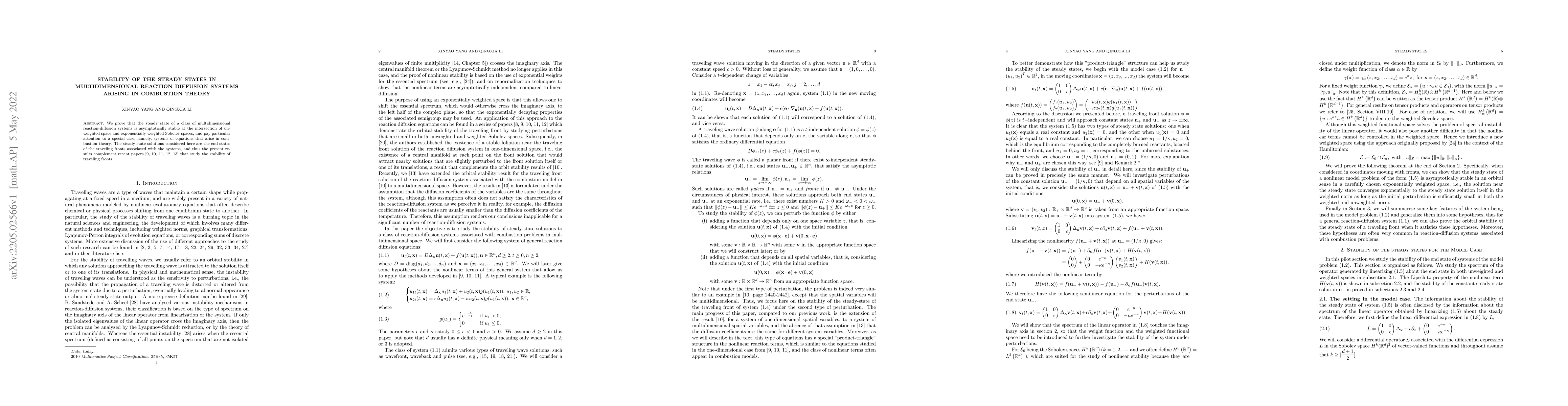 Thumbnail for Stability of the steady states in multidimensional reaction diffusion
  systems arising in combustion theory