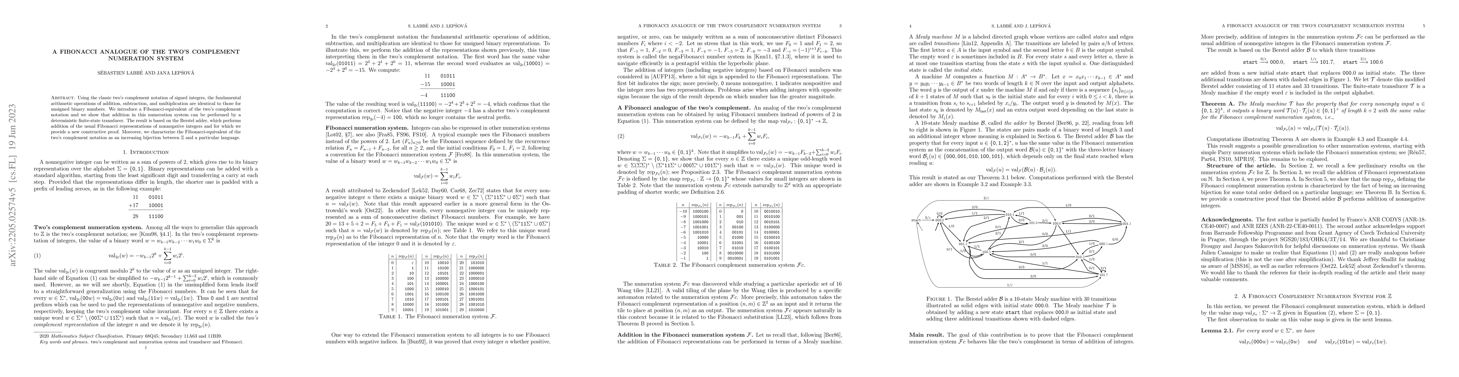Thumbnail for A Fibonacci analogue of the two's complement numeration system