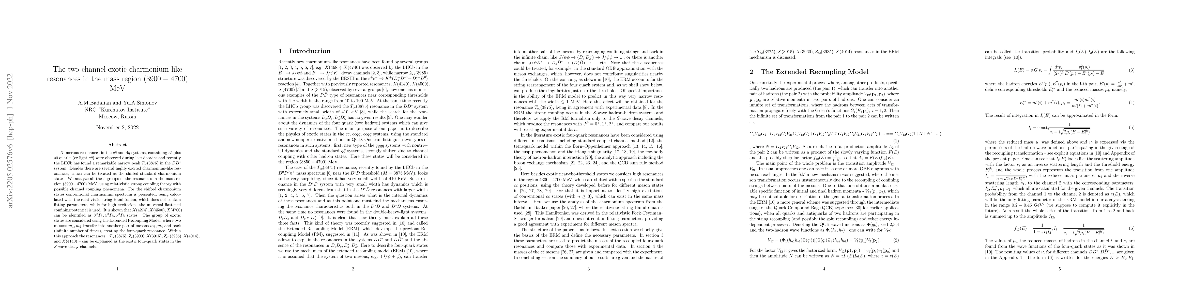 Thumbnail for The two-channel exotic charmonium-like resonances in the mass region
  $(3900-4700)$ MeV