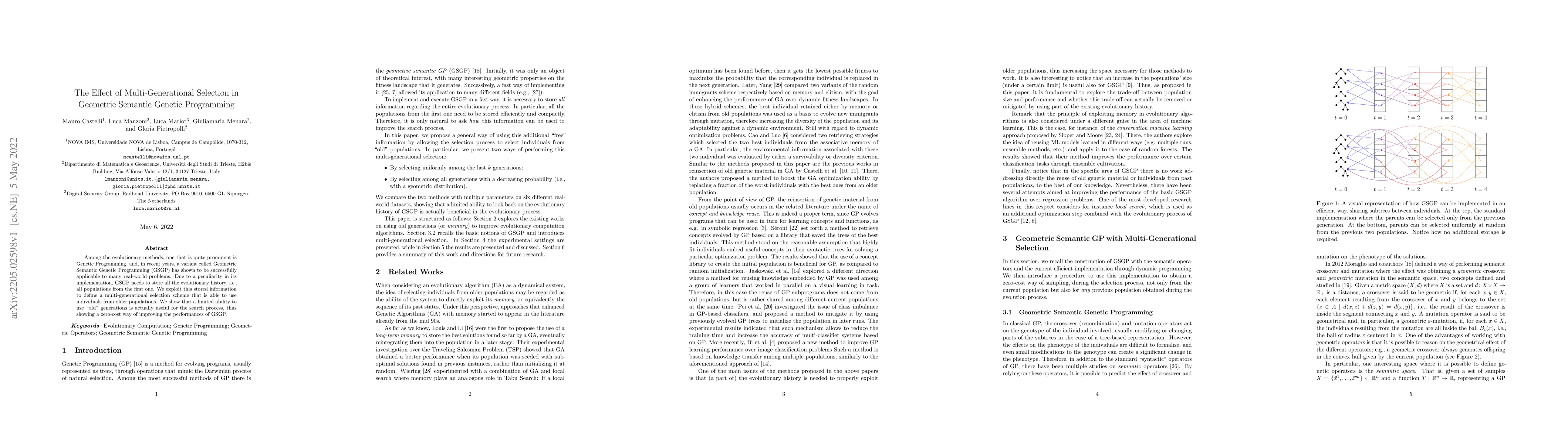 Thumbnail for The Effect of Multi-Generational Selection in Geometric Semantic Genetic
  Programming