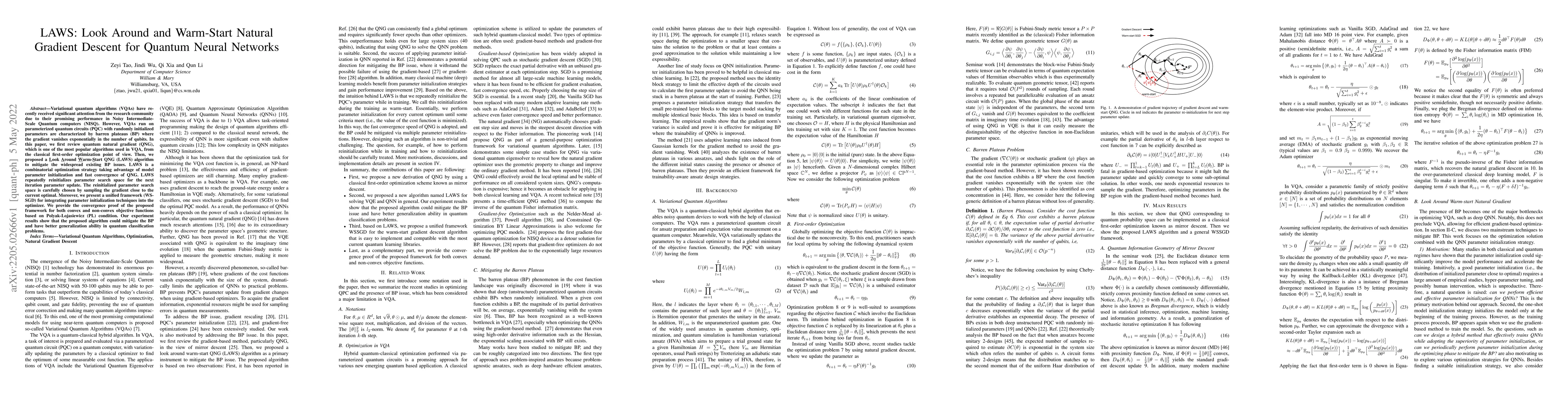 Thumbnail for LAWS: Look Around and Warm-Start Natural Gradient Descent for Quantum
  Neural Networks
