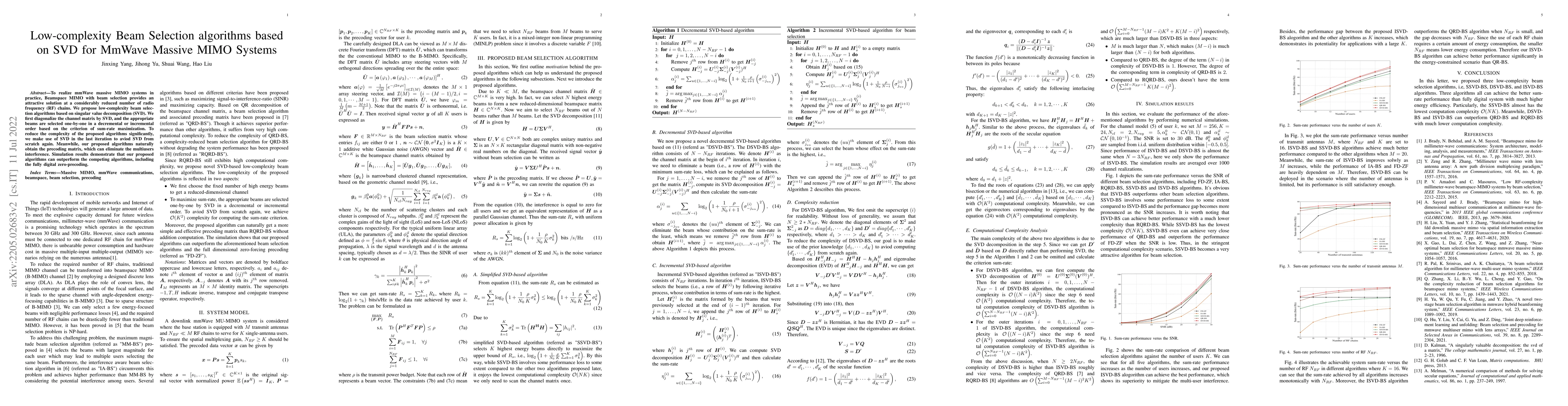 Thumbnail for Low-complexity Beam Selection algorithms based on SVD for MmWave Massive
  MIMO Systems