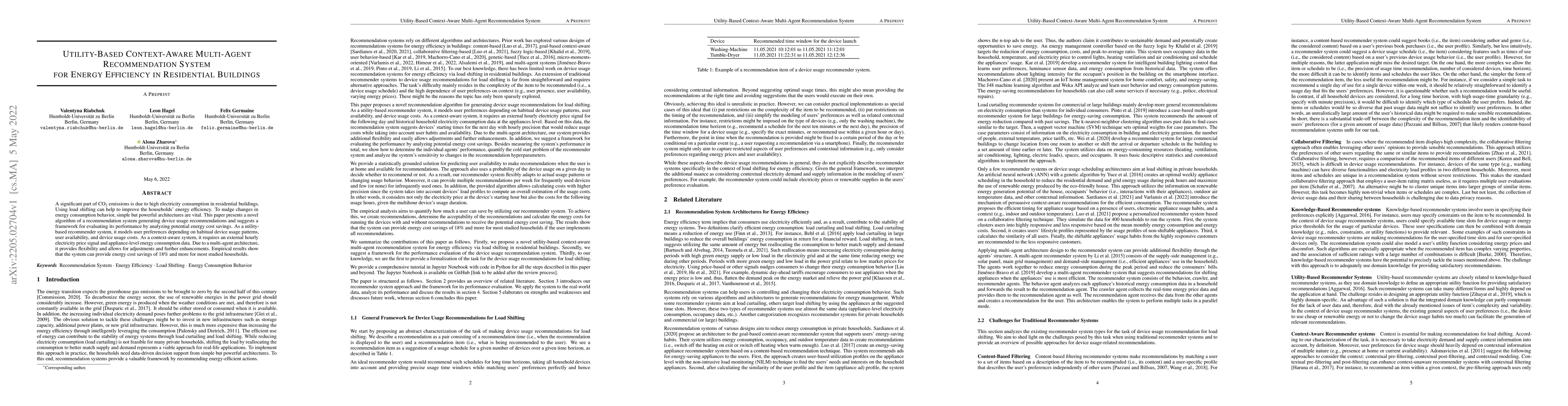 Thumbnail for Utility-Based Context-Aware Multi-Agent Recommendation System for Energy
  Efficiency in Residential Buildings