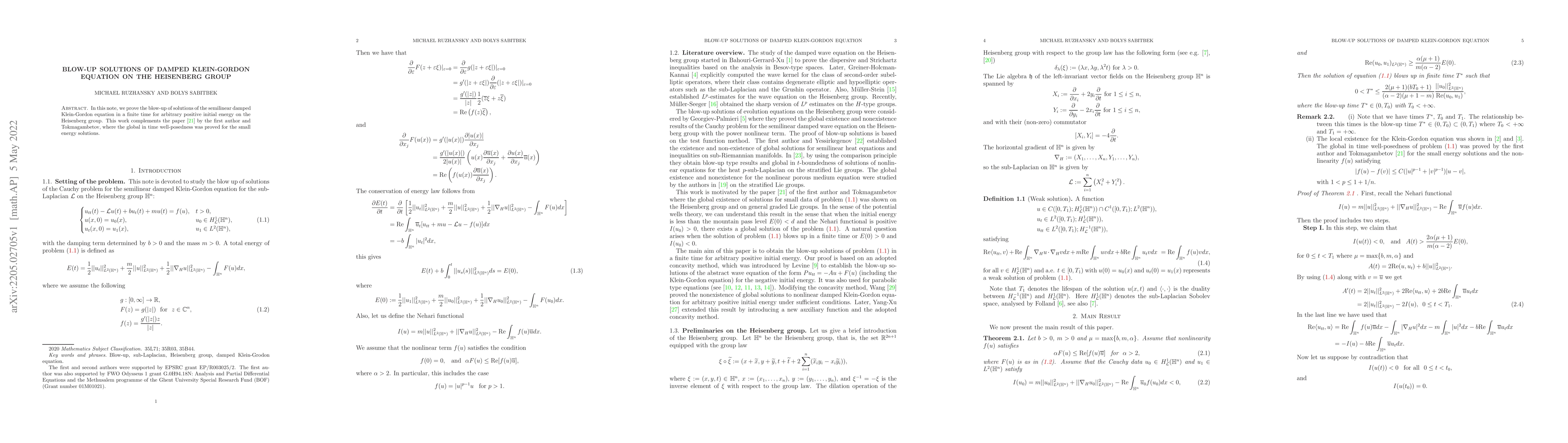 Thumbnail for Blow-up solutions of damped Klein-Gordon equation on the Heisenberg
  group
