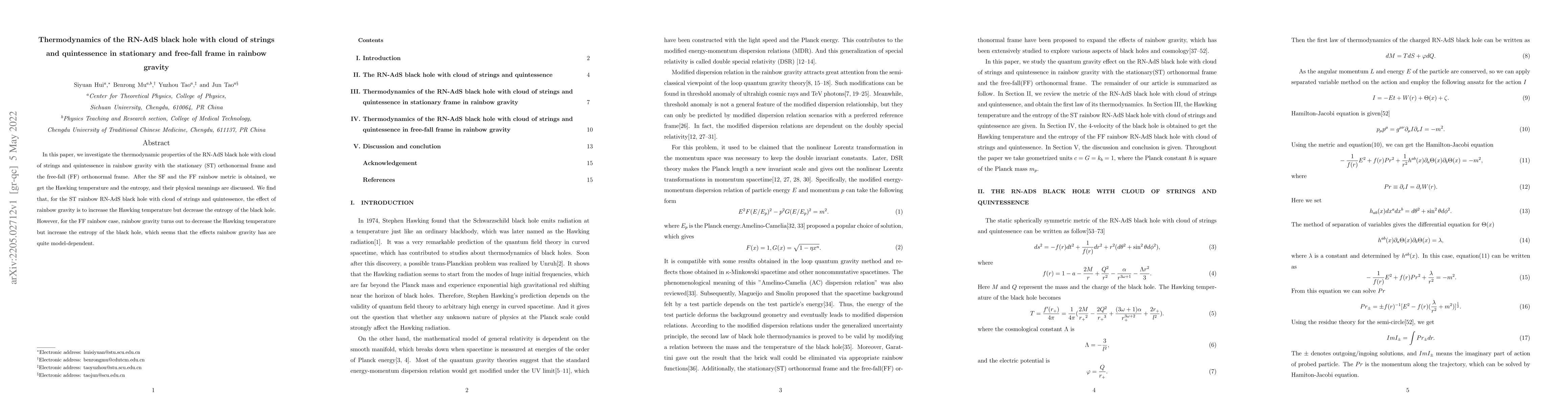 Thumbnail for Thermodynamics of the RN-AdS black hole with cloud of strings and
  quintessence in stationary and free-fall frame in rainbow gravity