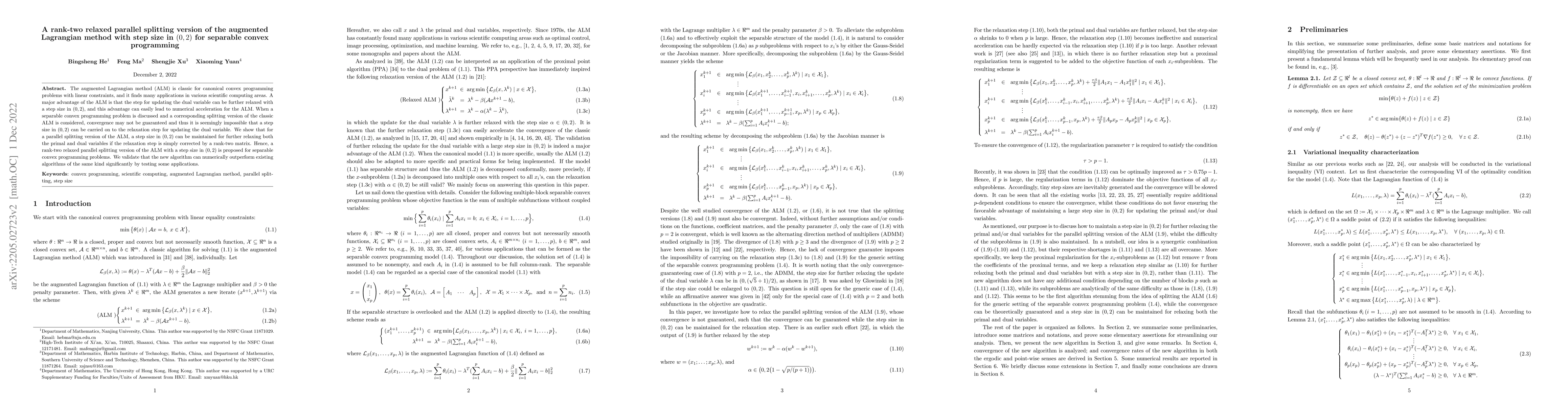 Thumbnail for A rank-two relaxed parallel splitting version of the augmented
  Lagrangian method with step size in (0,2) for separable convex programming
