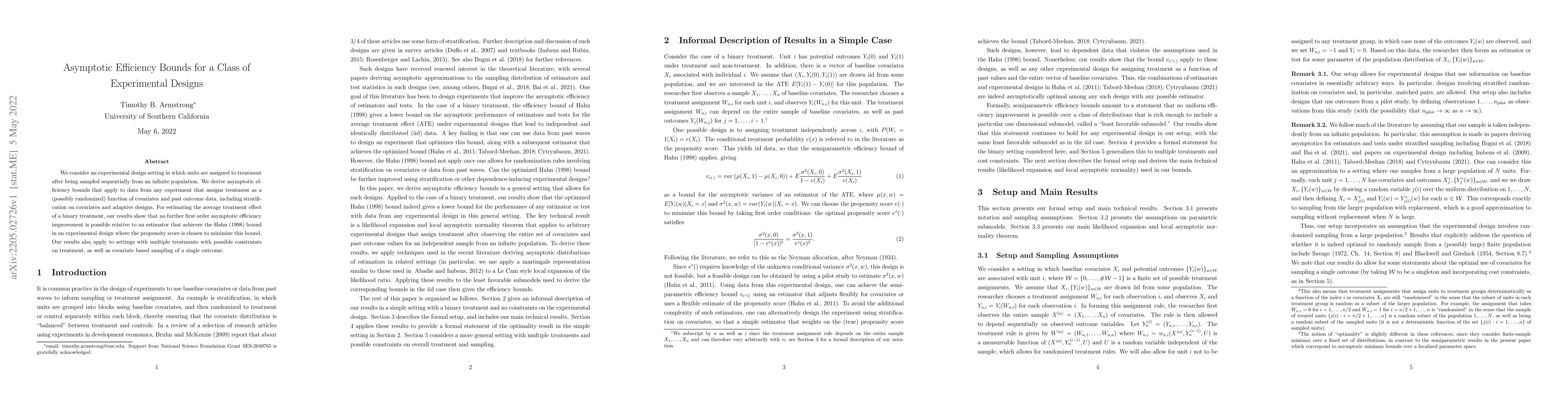 Thumbnail for Asymptotic Efficiency Bounds for a Class of Experimental Designs