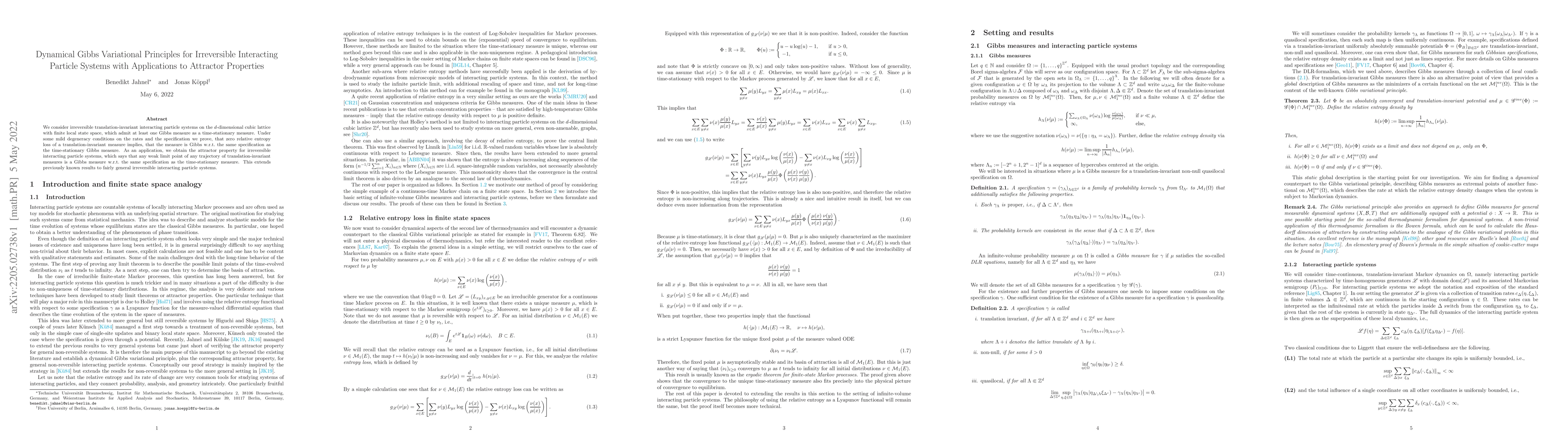 Thumbnail for Dynamical Gibbs Variational Principles for Irreversible Interacting
  Particle Systems with Applications to Attractor Properties