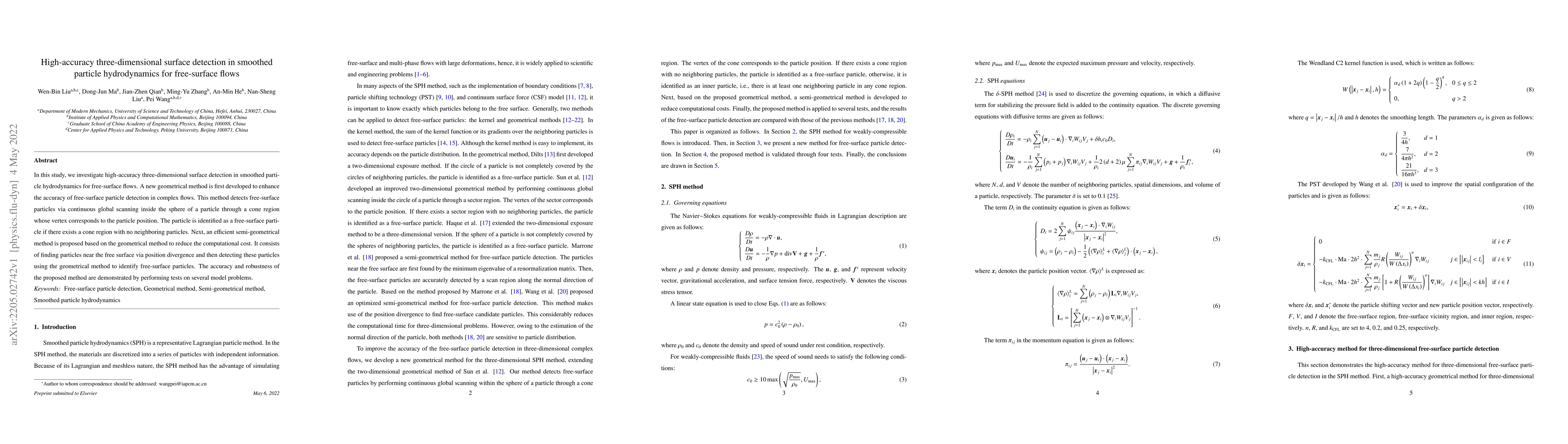 Thumbnail for High-accuracy three-dimensional surface detection in smoothed particle
  hydrodynamics for free-surface flows