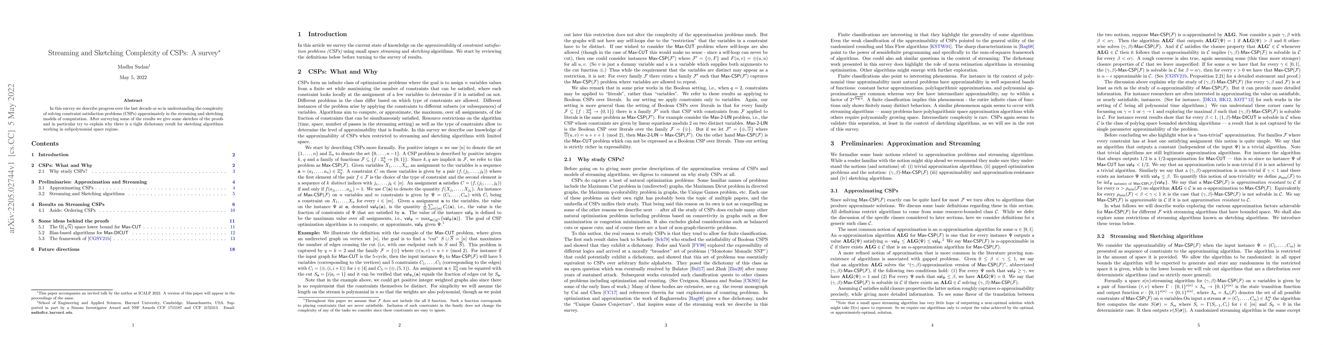 Thumbnail for Streaming and Sketching Complexity of CSPs: A survey