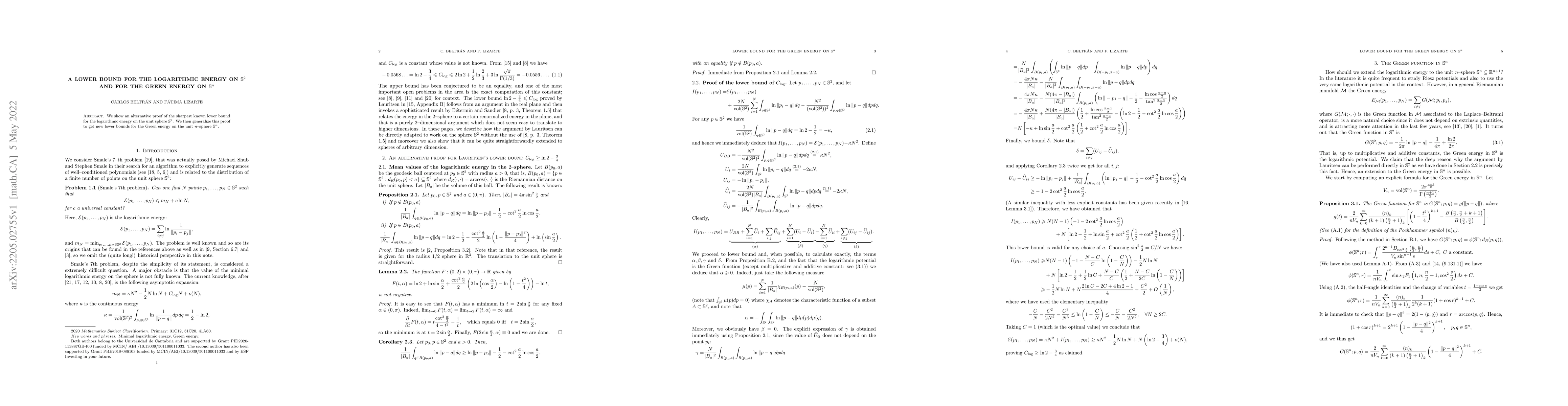 Thumbnail for A lower bound for the logarithmic energy on $\mathbb{S}^2$ and for the
  Green energy on $\mathbb{S}^n$