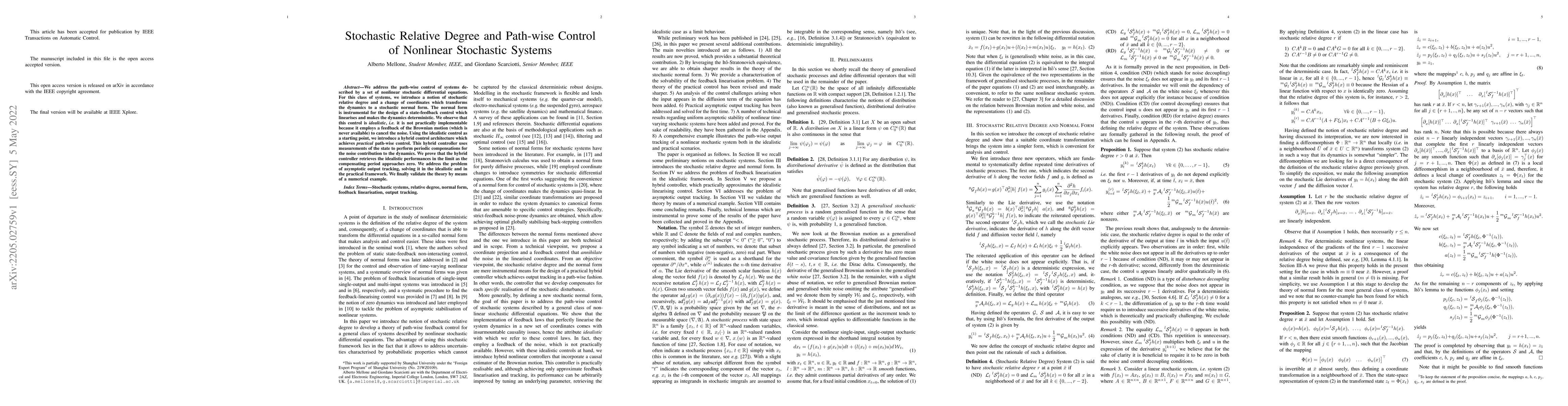 Thumbnail for Stochastic Relative Degree and Path-wise Control of Nonlinear Stochastic
  Systems