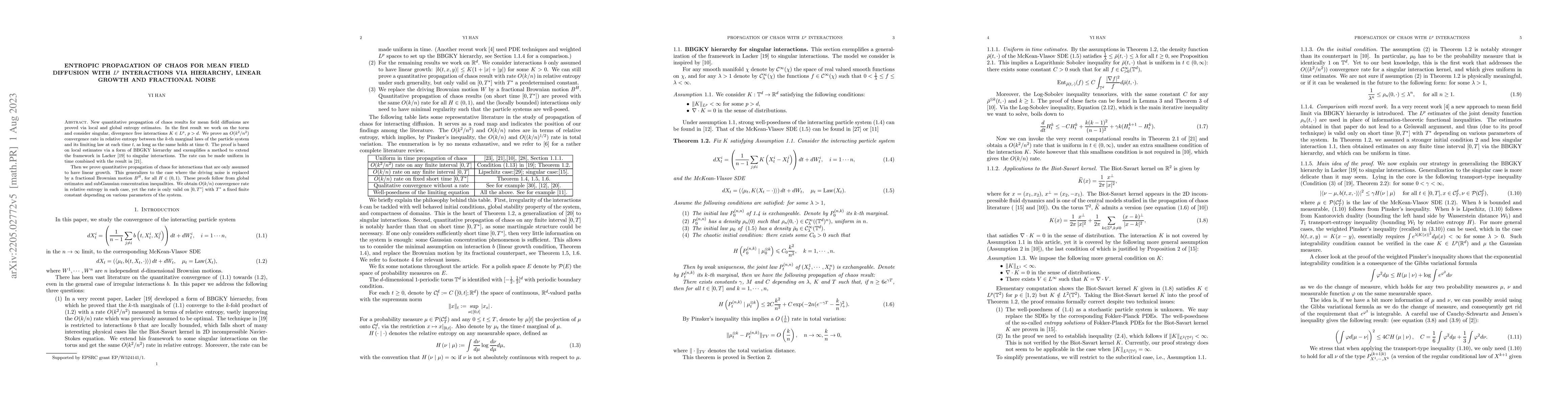 Thumbnail for Entropic propagation of chaos for mean field diffusion with $L^p$
  interactions via hierarchy, linear growth and fractional noise