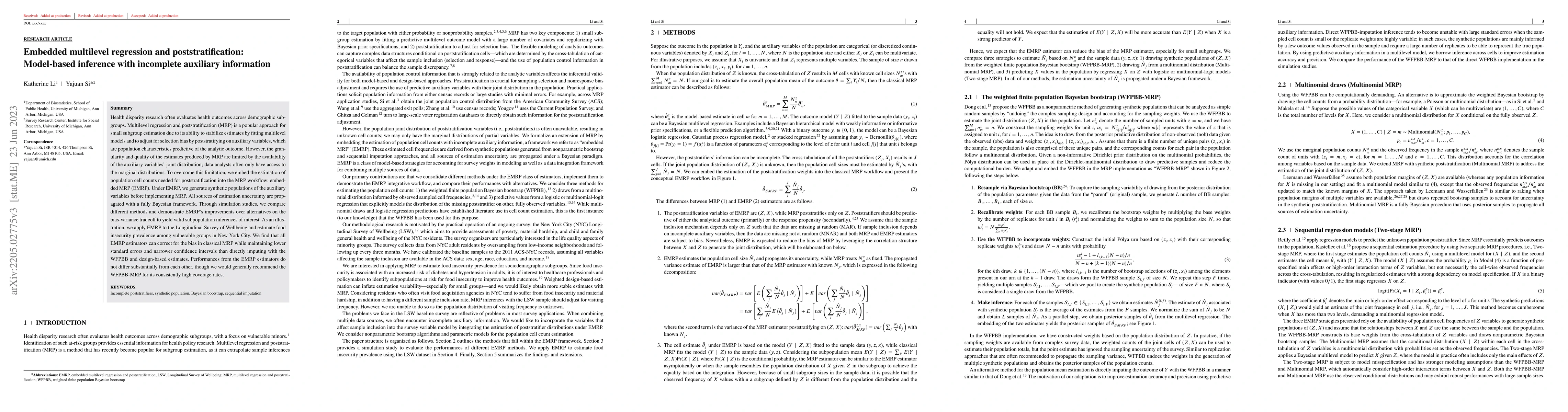 Thumbnail for Embedded Multilevel Regression and Poststratification: Model-based
  Inference with Incomplete Auxiliary Information