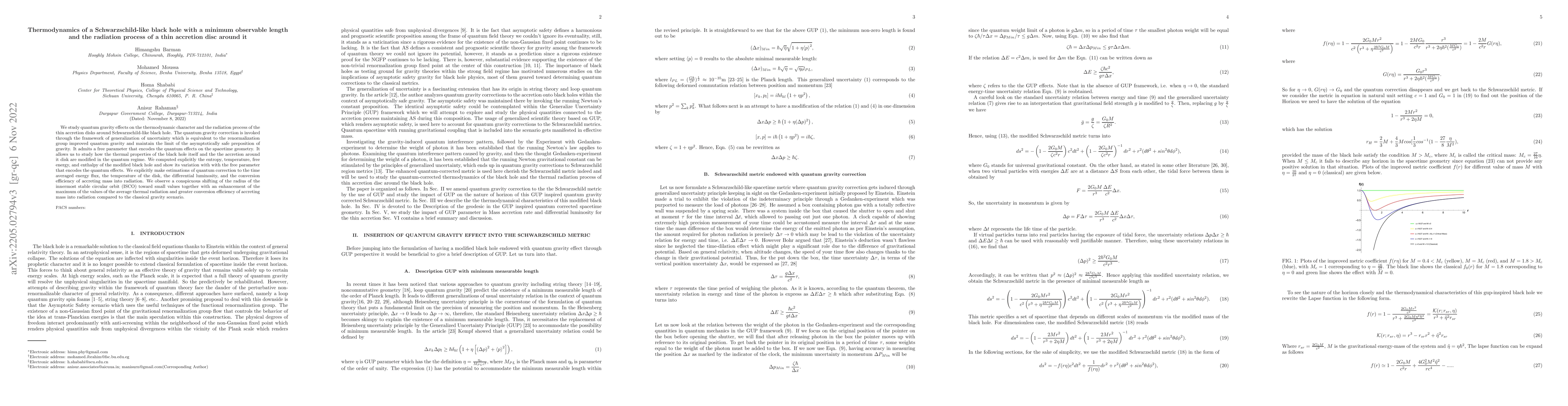 Thumbnail for Thermodynamics of a Schwarzschild-like black hole with a minimum
  observable length and the radiation process of a thin accretion disc around
  it