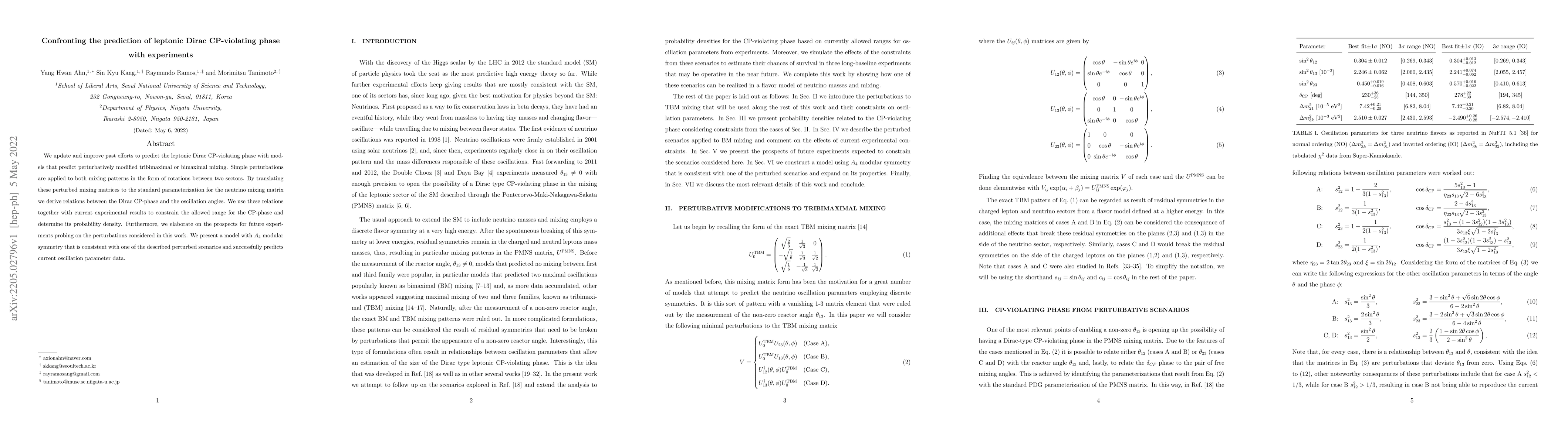 Thumbnail for Confronting the prediction of leptonic Dirac CP-violating phase with
  experiments