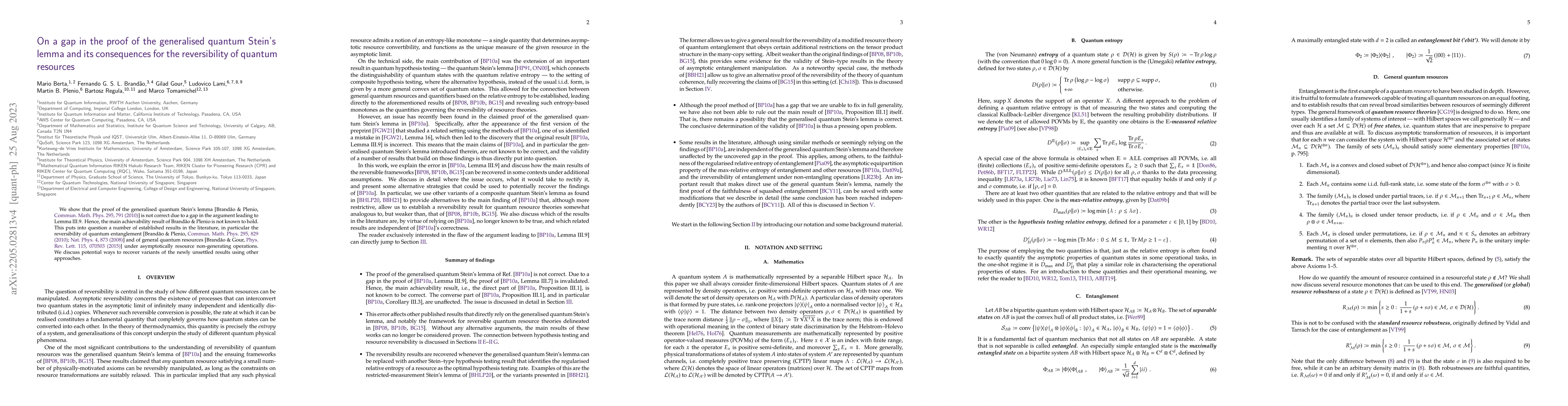 Thumbnail for On a gap in the proof of the generalised quantum Stein's lemma and its
  consequences for the reversibility of quantum resources