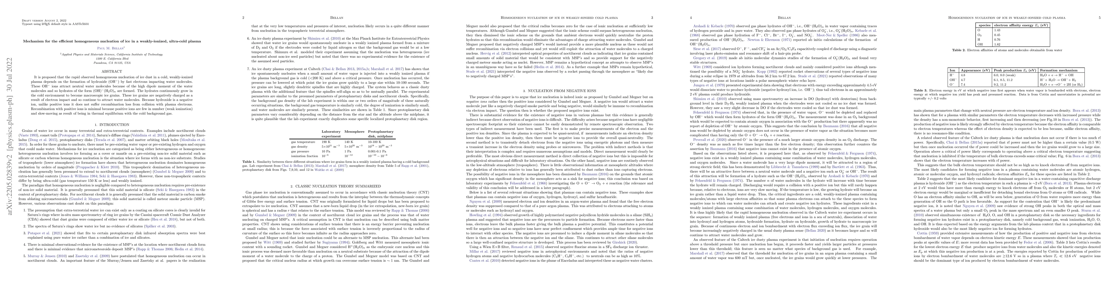 Thumbnail for Mechanism for the efficient homogeneous nucleation of ice in a
  weakly-ionized, ultra-cold plasma