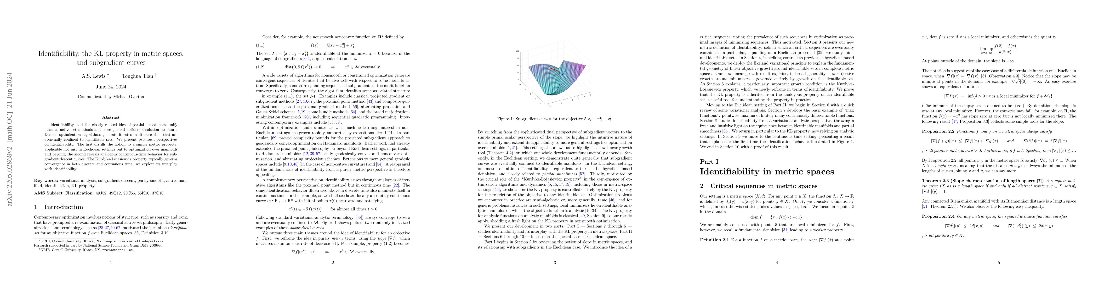 Thumbnail for Identifiability, the KL property in metric spaces, and subgradient
  curves