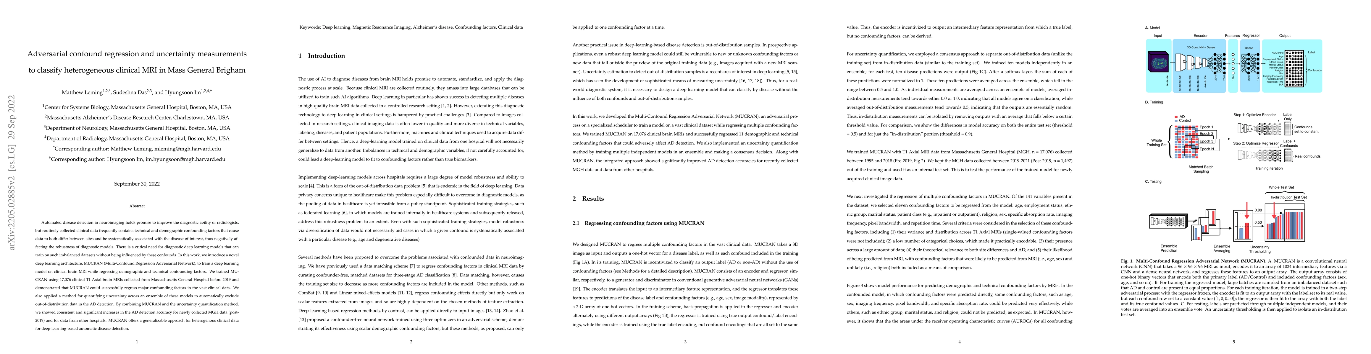 Thumbnail for Adversarial confound regression and uncertainty measurements to classify
  heterogeneous clinical MRI in Mass General Brigham